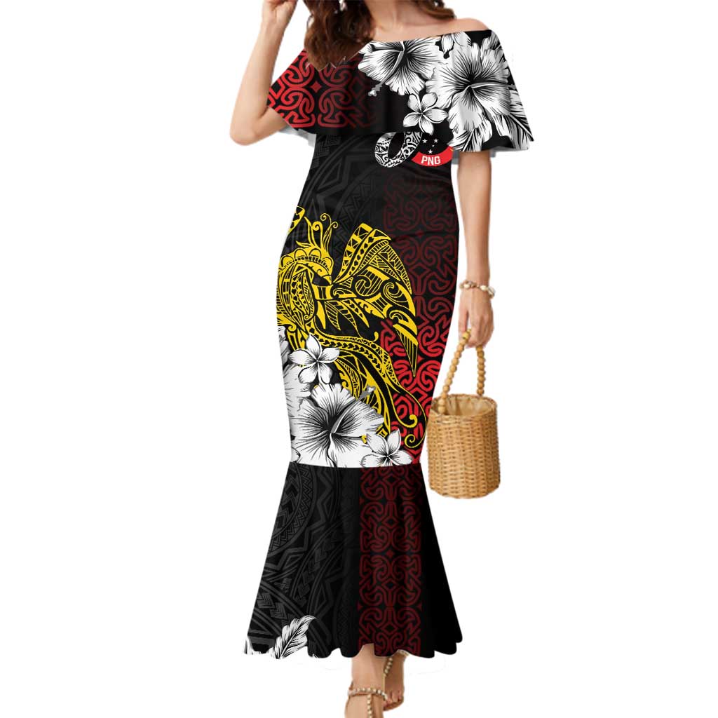 Personalized Papua New Guinea 50th Independence Anniversary Family Matching Mermaid Dress and Hawaiian Shirt Oro Tapa Mix Plumeria LT7 Mom's Dress Black - Polynesian Pride