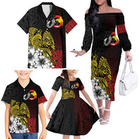 Personalized Papua New Guinea 50th Independence Anniversary Family Matching Off The Shoulder Long Sleeve Dress and Hawaiian Shirt Oro Tapa Mix Plumeria
