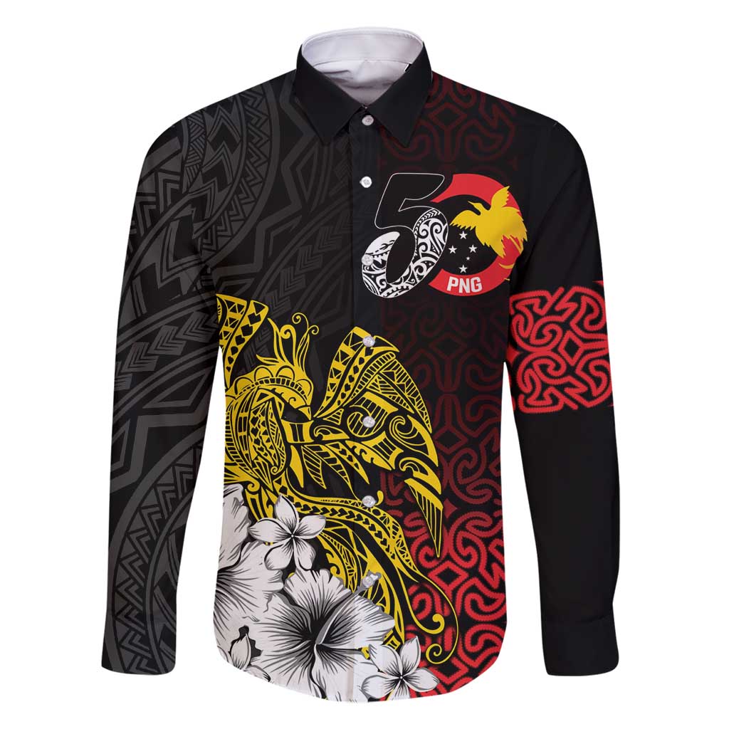 Personalized Papua New Guinea 50th Independence Anniversary Family Matching Off Shoulder Maxi Dress and Hawaiian Shirt Oro Tapa Mix Plumeria LT7 Dad's Shirt - Long Sleeve Black - Polynesian Pride