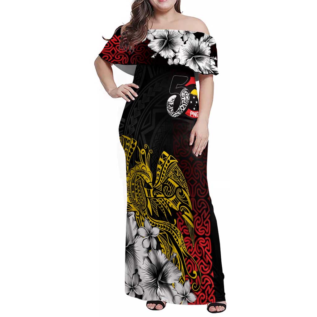 Personalized Papua New Guinea 50th Independence Anniversary Family Matching Off Shoulder Maxi Dress and Hawaiian Shirt Oro Tapa Mix Plumeria LT7 Mom's Dress Black - Polynesian Pride