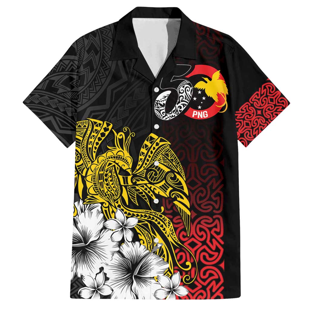 Personalized Papua New Guinea 50th Independence Anniversary Family Matching Off Shoulder Short Dress and Hawaiian Shirt Oro Tapa Mix Plumeria LT7 Dad's Shirt - Short Sleeve Black - Polynesian Pride