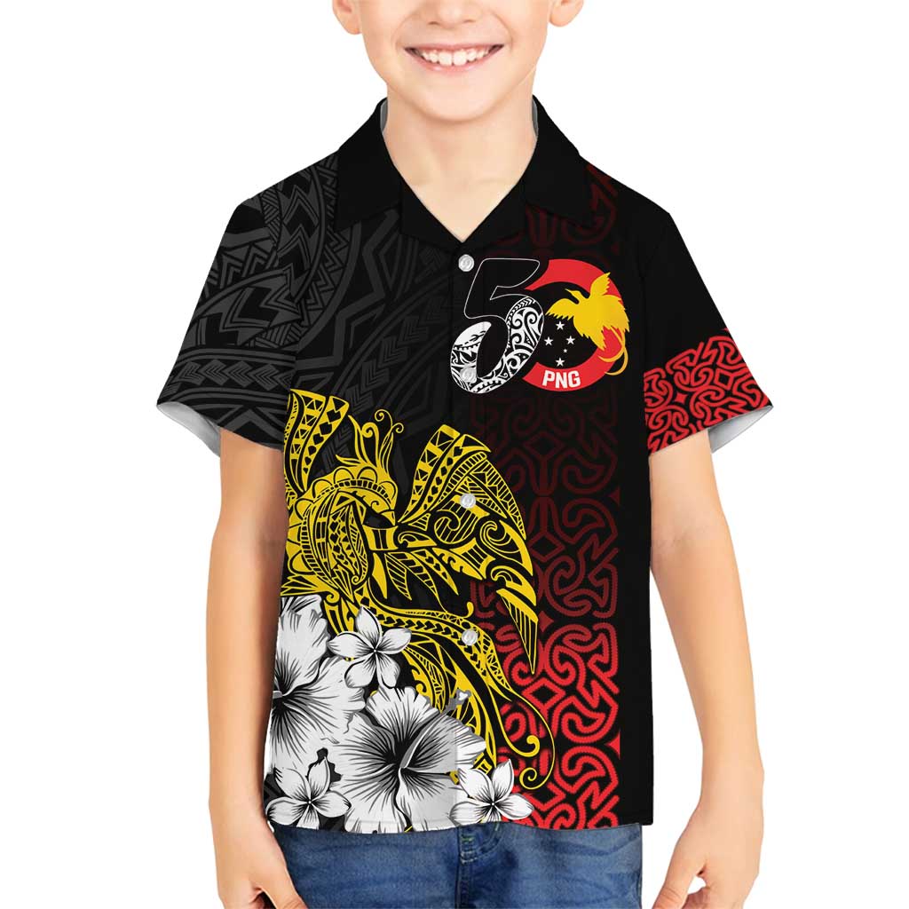 Personalized Papua New Guinea 50th Independence Anniversary Family Matching Puletasi and Hawaiian Shirt Oro Tapa Mix Plumeria LT7 Son's Shirt Black - Polynesian Pride