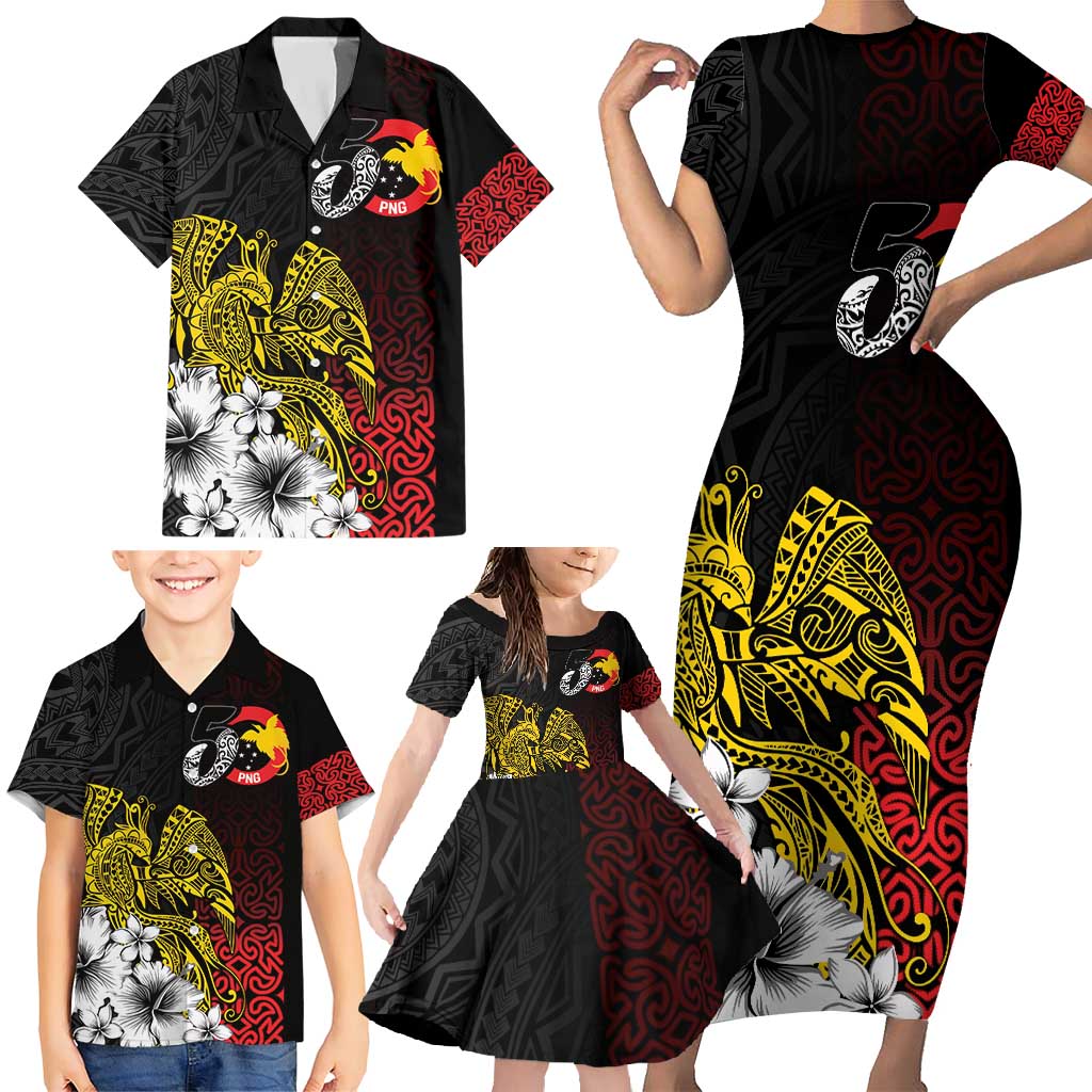 Personalized Papua New Guinea 50th Independence Anniversary Family Matching Short Sleeve Bodycon Dress and Hawaiian Shirt Oro Tapa Mix Plumeria LT7 - Polynesian Pride