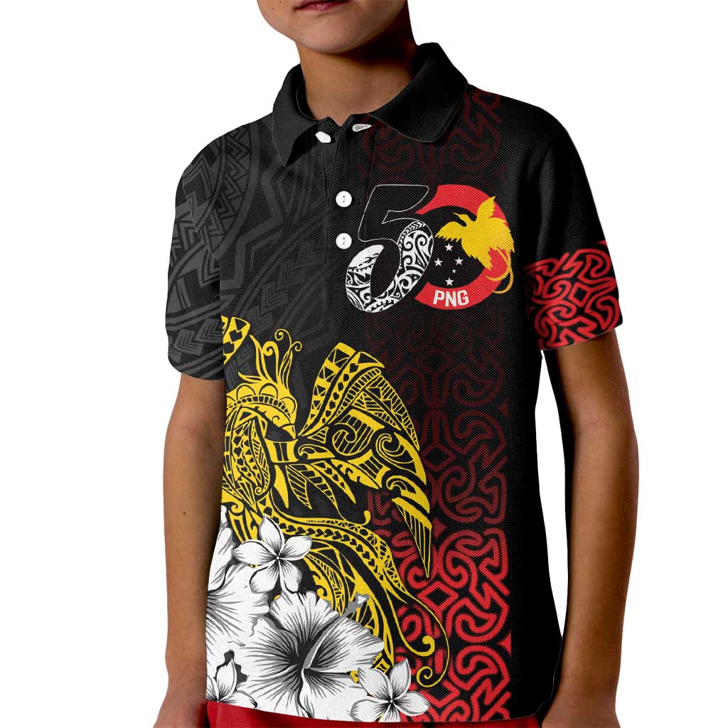 Personalized Papua New Guinea 50th Independence Anniversary Kid Polo Shirt Oro Tapa Mix Plumeria LT7 Kid Black - Polynesian Pride