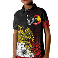 Personalized Papua New Guinea 50th Independence Anniversary Kid Polo Shirt Oro Tapa Mix Plumeria LT7 Kid Black - Polynesian Pride