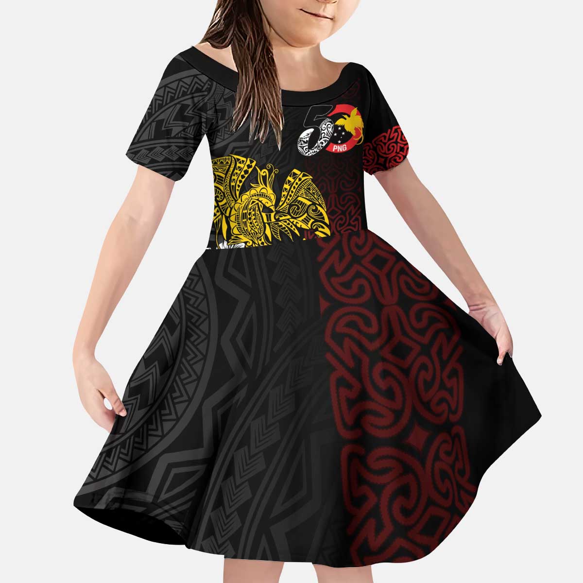 Personalized Papua New Guinea 50th Independence Anniversary Kid Short Sleeve Dress Oro Tapa Mix Plumeria LT7 KID Black - Polynesian Pride