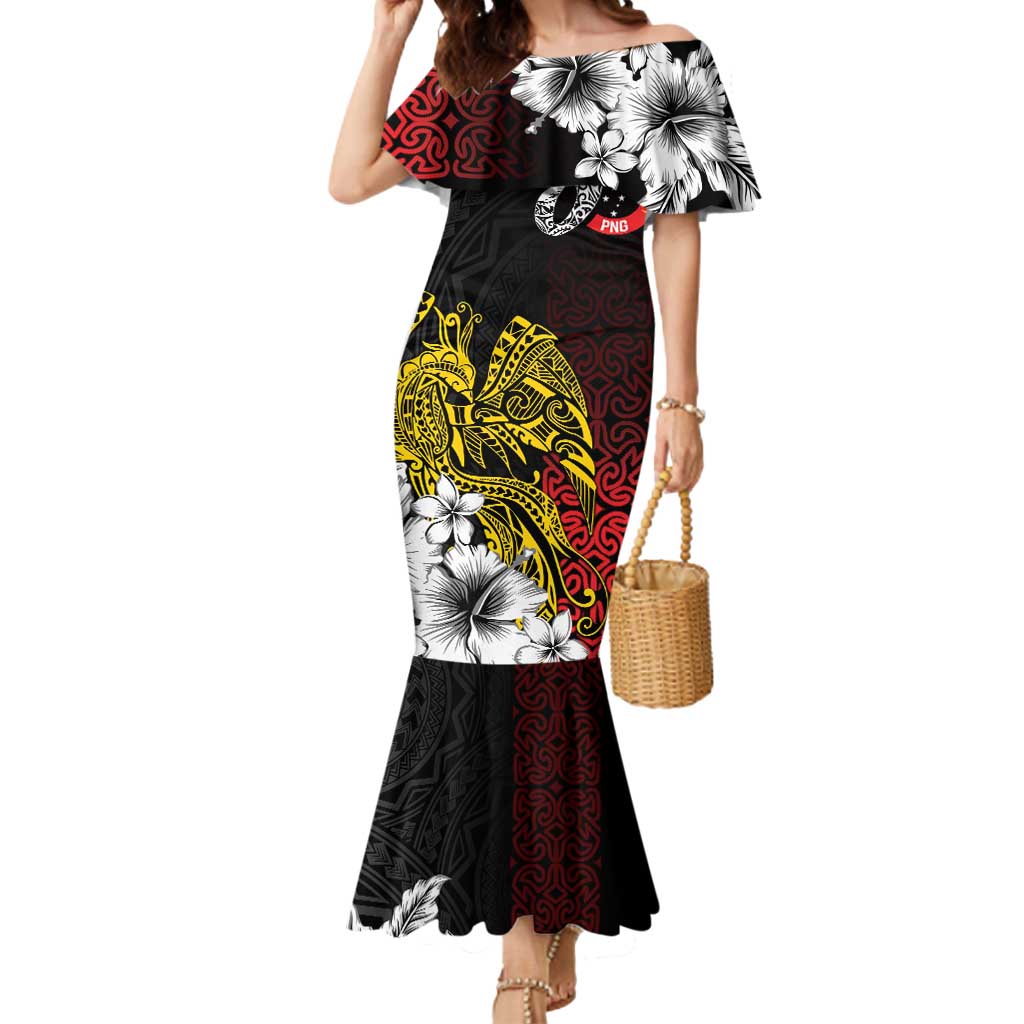 Personalized Papua New Guinea 50th Independence Anniversary Mermaid Dress Oro Tapa Mix Plumeria LT7 Women Black - Polynesian Pride