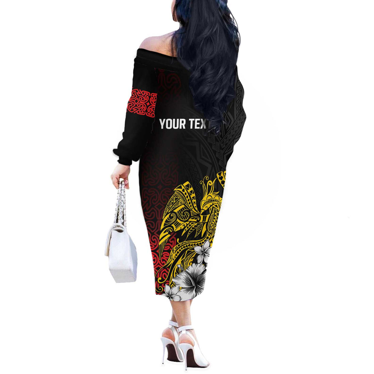 Personalized Papua New Guinea 50th Independence Anniversary Off The Shoulder Long Sleeve Dress Oro Tapa Mix Plumeria LT7 - Polynesian Pride
