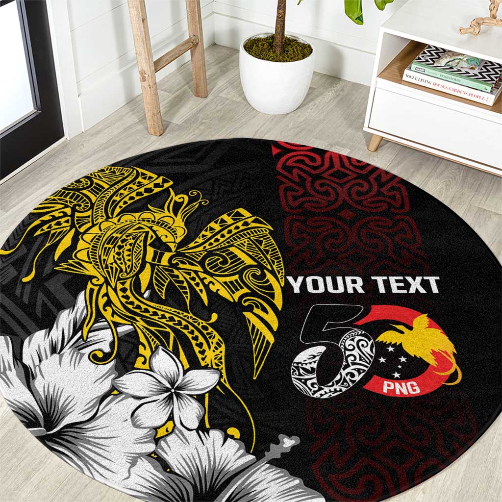 Personalized Papua New Guinea 50th Independence Anniversary Round Carpet Oro Tapa Mix Plumeria LT7 Black - Polynesian Pride