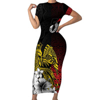 Personalized Papua New Guinea 50th Independence Anniversary Short Sleeve Bodycon Dress Oro Tapa Mix Plumeria LT7 Long Dress Black - Polynesian Pride