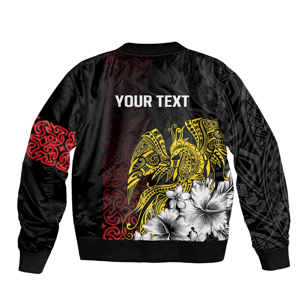 Personalized Papua New Guinea 50th Independence Anniversary Sleeve Zip Bomber Jacket Oro Tapa Mix Plumeria