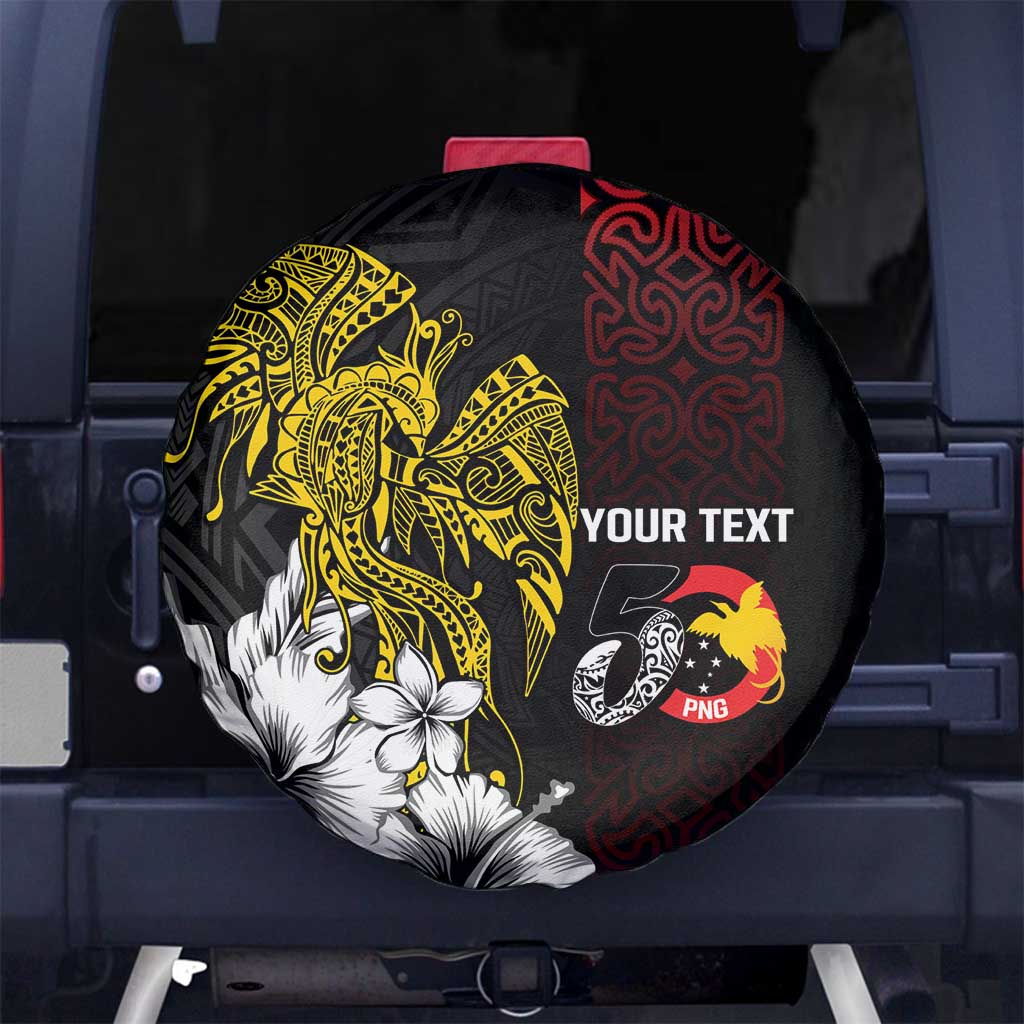 Personalized Papua New Guinea 50th Independence Anniversary Spare Tire Cover Oro Tapa Mix Plumeria LT7 No hole Black - Polynesian Pride