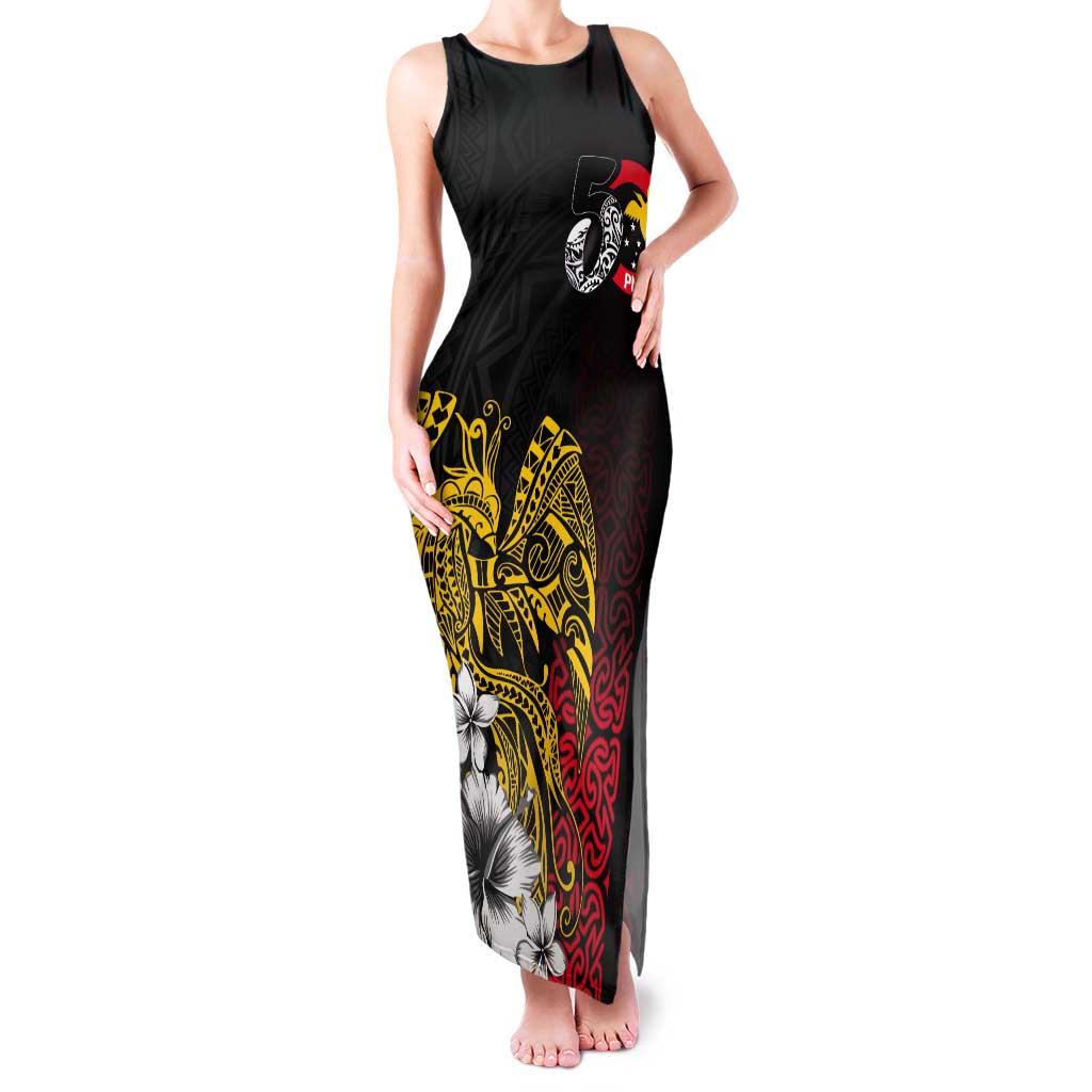 Personalized Papua New Guinea 50th Independence Anniversary Tank Maxi Dress Oro Tapa Mix Plumeria LT7 Women Black - Polynesian Pride