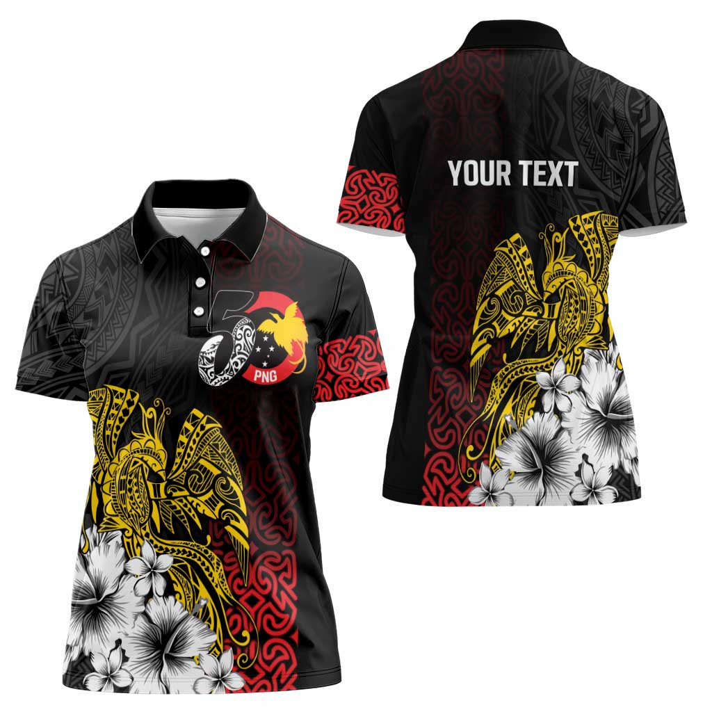 Personalized Papua New Guinea 50th Independence Anniversary Women Polo Shirt Oro Tapa Mix Plumeria LT7 - Polynesian Pride