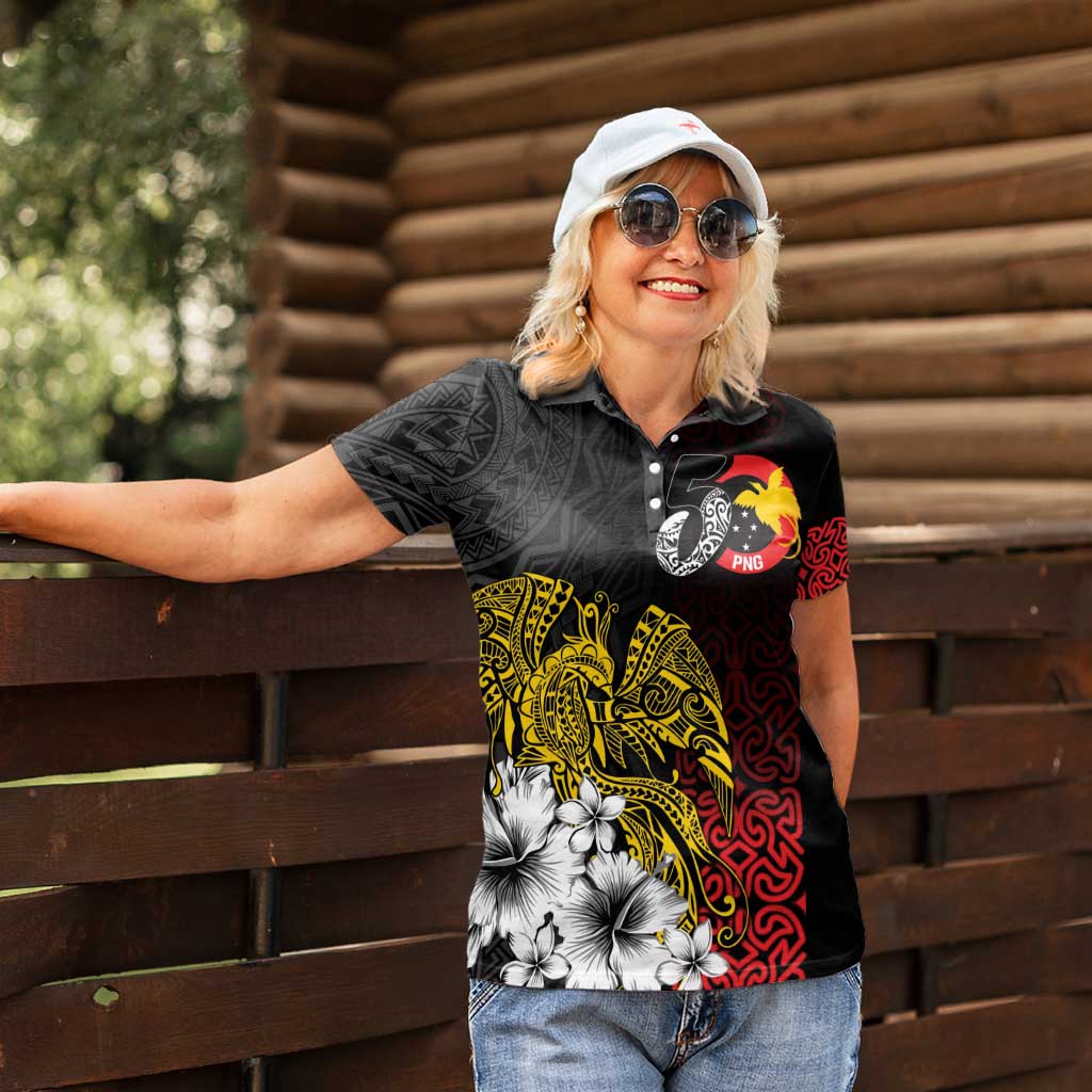 Personalized Papua New Guinea 50th Independence Anniversary Women Polo Shirt Oro Tapa Mix Plumeria LT7 - Polynesian Pride