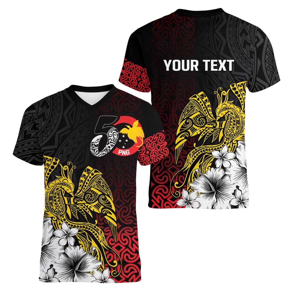Personalized Papua New Guinea 50th Independence Anniversary Women V-Neck T-Shirt Oro Tapa Mix Plumeria LT7 - Polynesian Pride