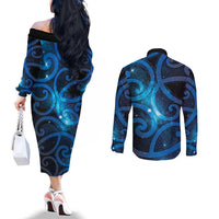 New Zealand Maori Matariki Couples Matching Off The Shoulder Long Sleeve Dress and Long Sleeve Button Shirt Galaxy Kowhaiwhai LT7 - Polynesian Pride