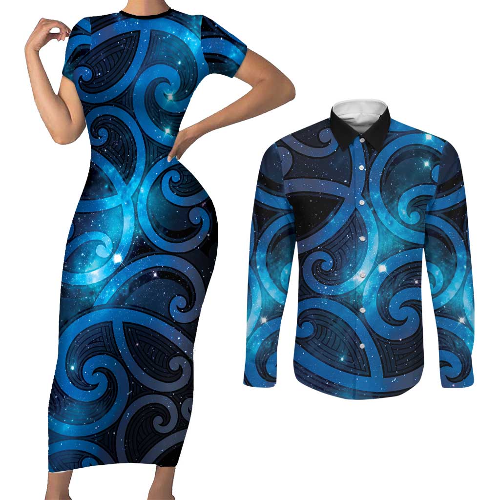 New Zealand Maori Matariki Couples Matching Short Sleeve Bodycon Dress and Long Sleeve Button Shirt Galaxy Kowhaiwhai