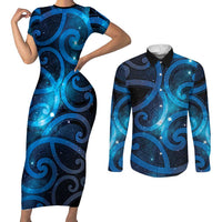 New Zealand Maori Matariki Couples Matching Short Sleeve Bodycon Dress and Long Sleeve Button Shirt Galaxy Kowhaiwhai