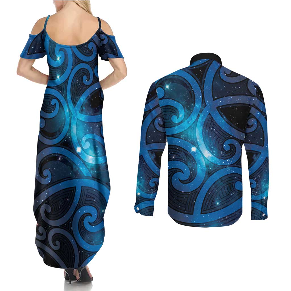 New Zealand Maori Matariki Couples Matching Summer Maxi Dress and Long Sleeve Button Shirt Galaxy Kowhaiwhai