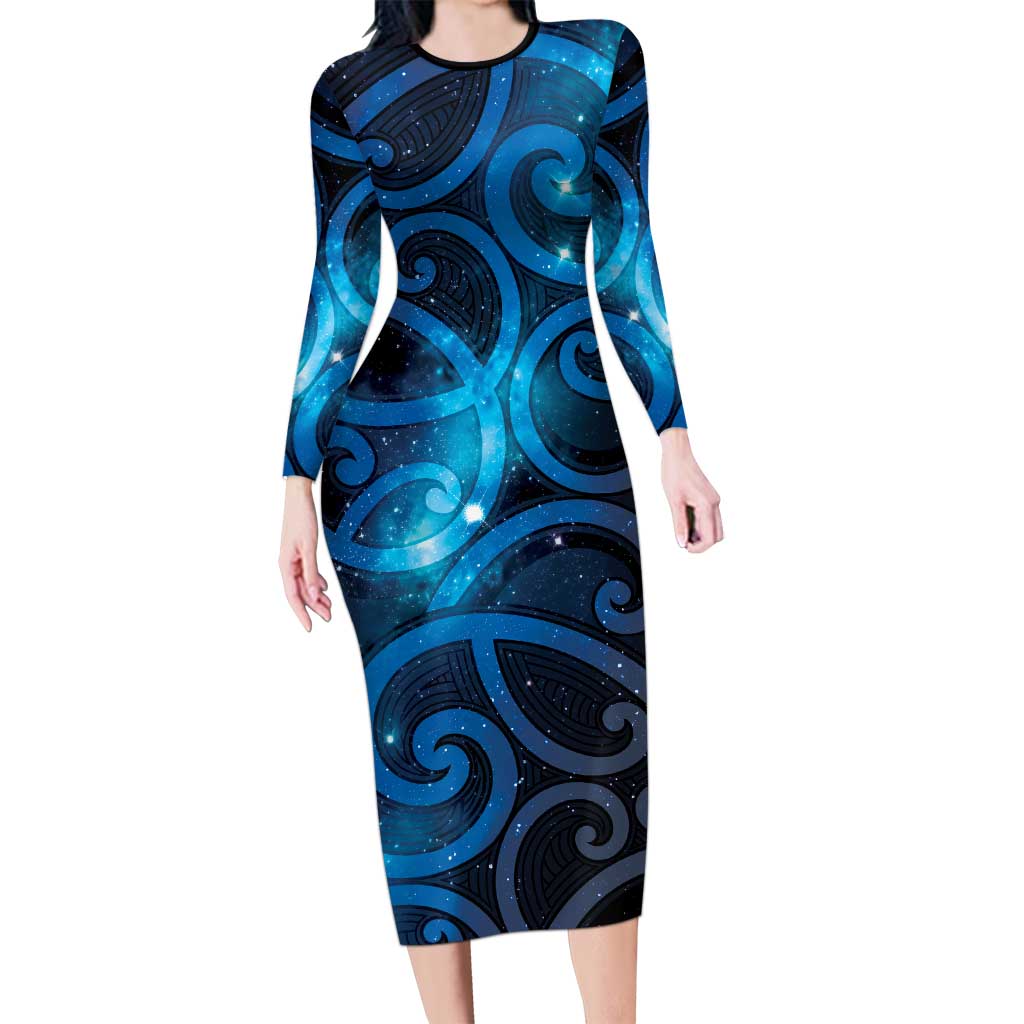 New Zealand Maori Matariki Family Matching Long Sleeve Bodycon Dress and Hawaiian Shirt Galaxy Kowhaiwhai LT7 Mom's Dress Galaxy - Polynesian Pride