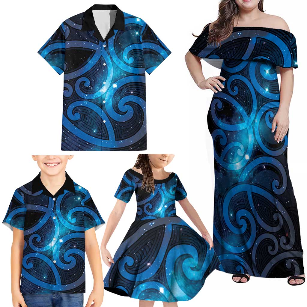 New Zealand Maori Matariki Family Matching Off Shoulder Maxi Dress and Hawaiian Shirt Galaxy Kowhaiwhai LT7 - Polynesian Pride