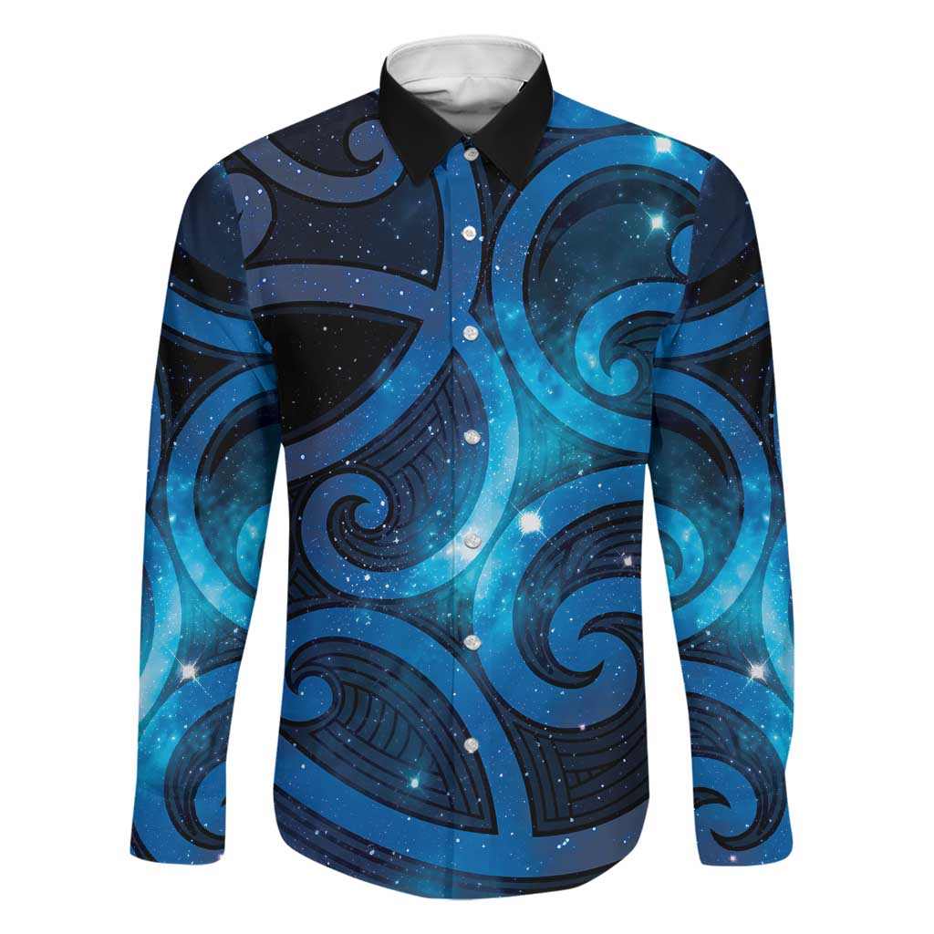 New Zealand Maori Matariki Family Matching Off Shoulder Short Dress and Hawaiian Shirt Galaxy Kowhaiwhai LT7 Dad's Shirt - Long Sleeve Galaxy - Polynesian Pride