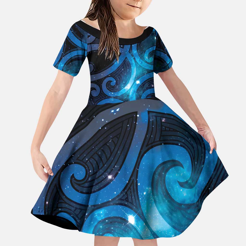 New Zealand Maori Matariki Family Matching Short Sleeve Bodycon Dress and Hawaiian Shirt Galaxy Kowhaiwhai LT7 Daughter's Dress Galaxy - Polynesian Pride