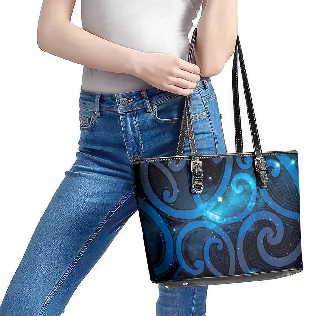 New Zealand Maori Matariki Leather Tote Bag Galaxy Kowhaiwhai