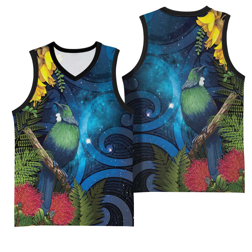 Tui Bird New Zealand Starry Sky Basketball Jersey Maori Koru