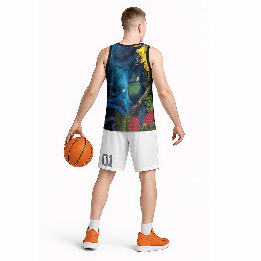 Tui Bird New Zealand Starry Sky Basketball Jersey Maori Koru
