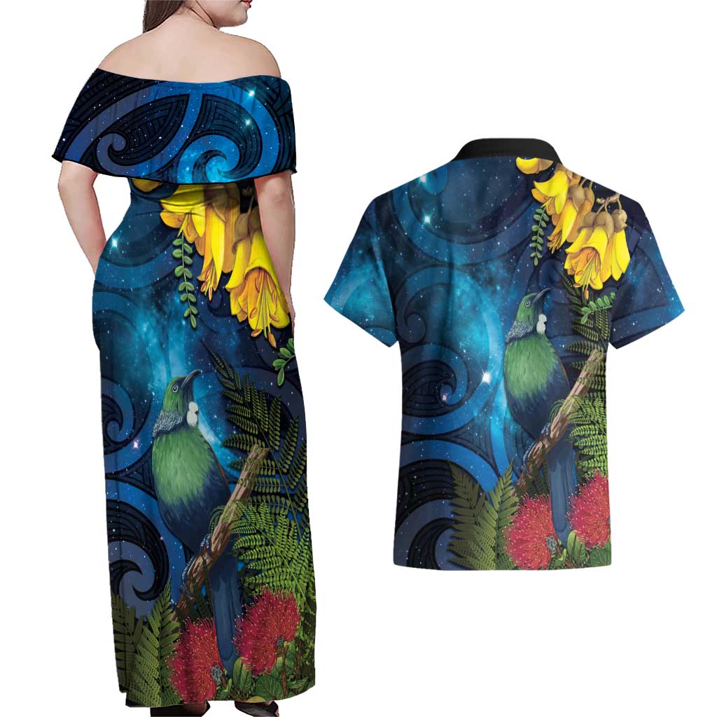Tui Bird New Zealand Starry Sky Couples Matching Off Shoulder Maxi Dress and Hawaiian Shirt Maori Koru