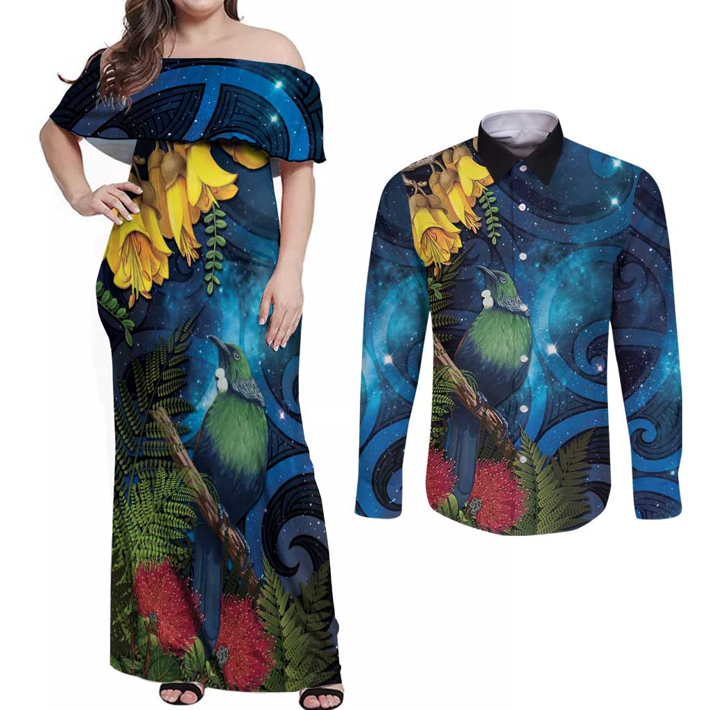 Tui Bird New Zealand Starry Sky Couples Matching Off Shoulder Maxi Dress and Long Sleeve Button Shirt Maori Koru LT7 Galaxy - Polynesian Pride