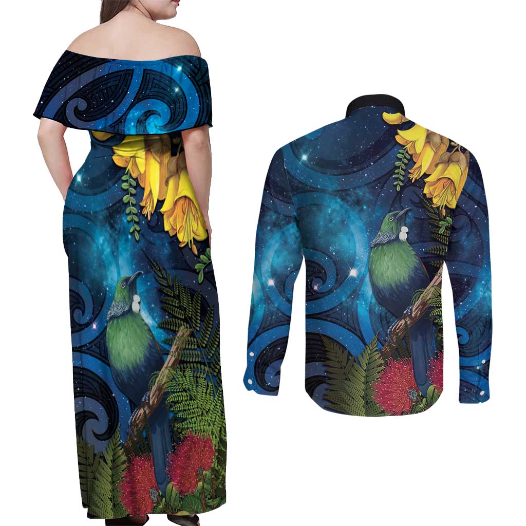 Tui Bird New Zealand Starry Sky Couples Matching Off Shoulder Maxi Dress and Long Sleeve Button Shirt Maori Koru LT7 - Polynesian Pride