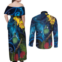 Tui Bird New Zealand Starry Sky Couples Matching Off Shoulder Maxi Dress and Long Sleeve Button Shirt Maori Koru LT7 - Polynesian Pride