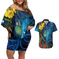 Tui Bird New Zealand Starry Sky Couples Matching Off Shoulder Short Dress and Hawaiian Shirt Maori Koru