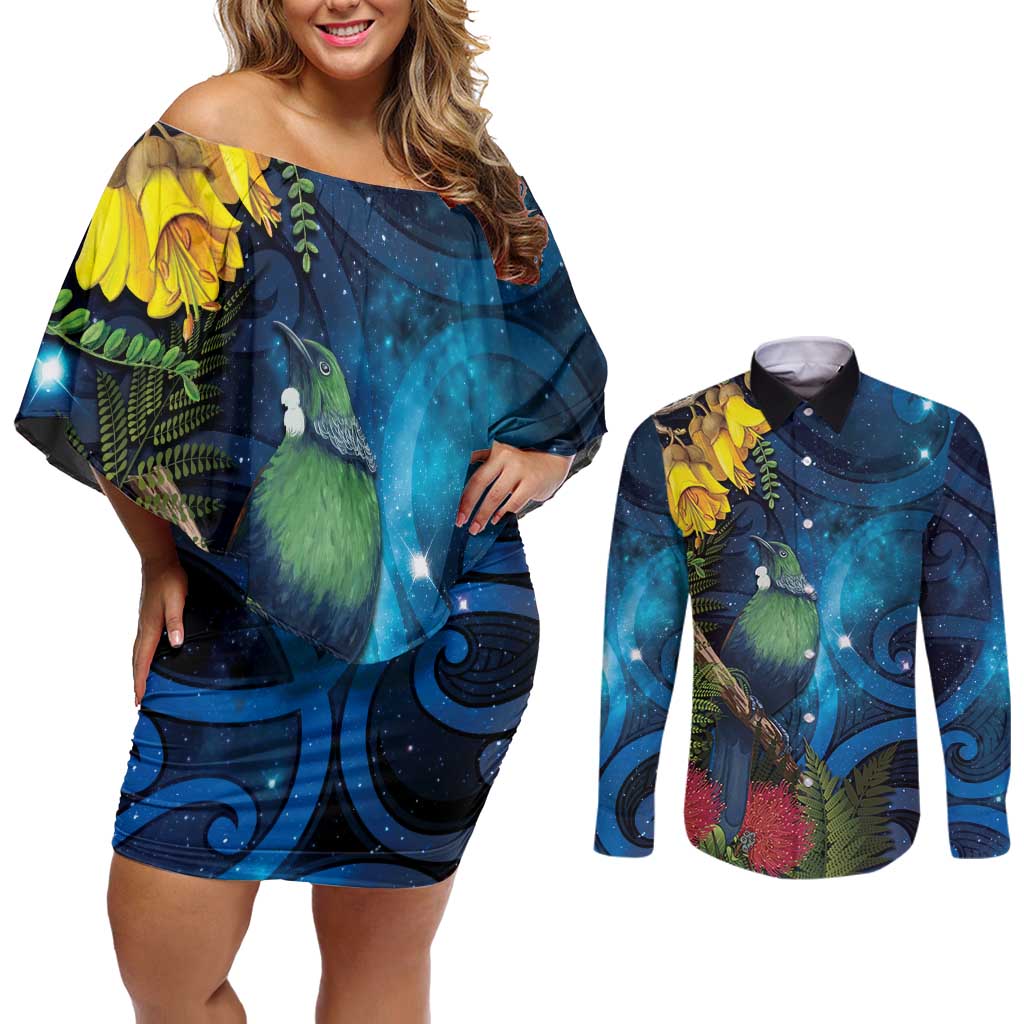 Tui Bird New Zealand Starry Sky Couples Matching Off Shoulder Short Dress and Long Sleeve Button Shirt Maori Koru LT7 Galaxy - Polynesian Pride