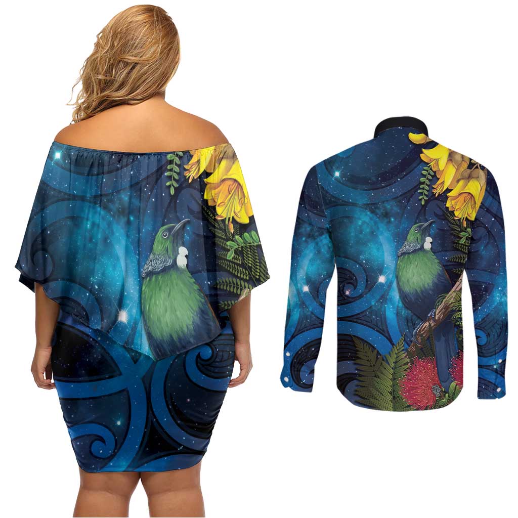 Tui Bird New Zealand Starry Sky Couples Matching Off Shoulder Short Dress and Long Sleeve Button Shirt Maori Koru LT7 - Polynesian Pride
