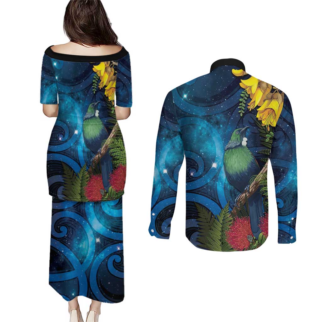 Tui Bird New Zealand Starry Sky Couples Matching Puletasi and Long Sleeve Button Shirt Maori Koru LT7 - Polynesian Pride