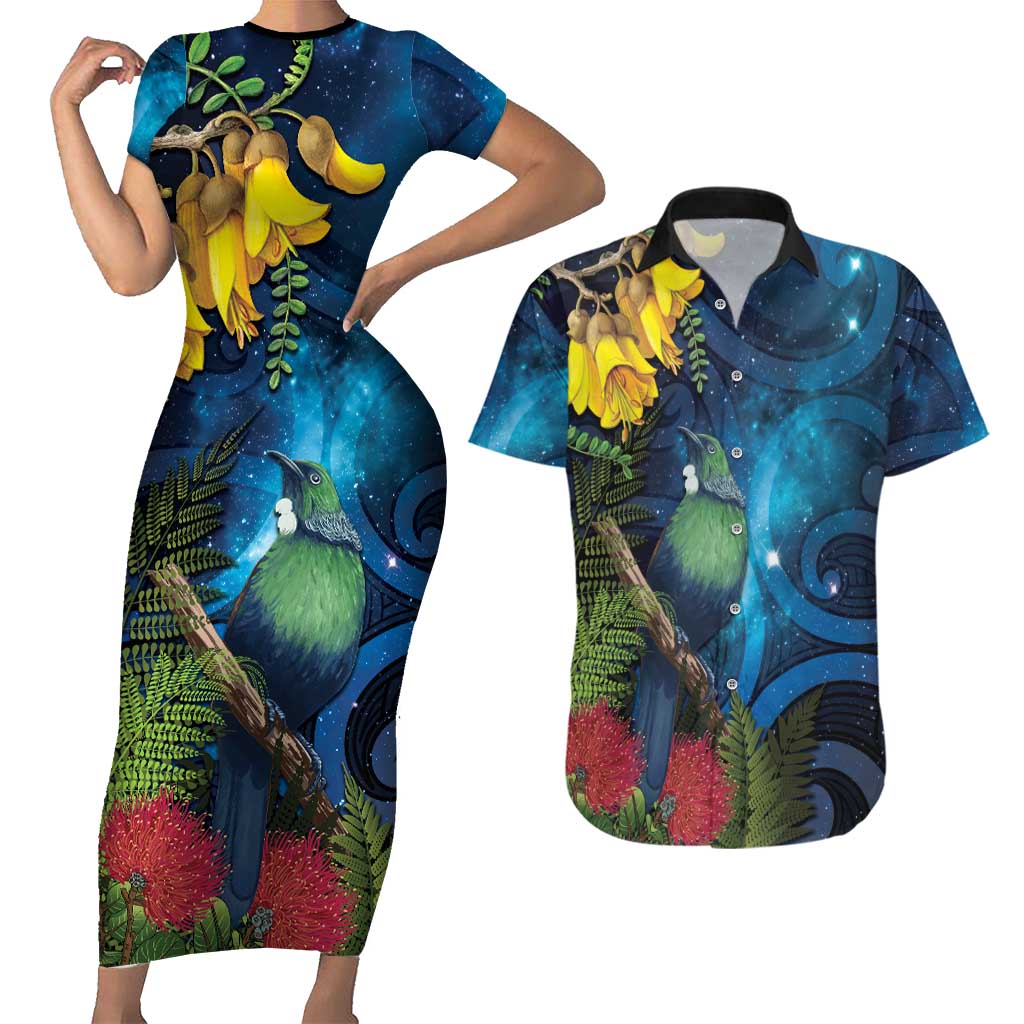 Tui Bird New Zealand Starry Sky Couples Matching Short Sleeve Bodycon Dress and Hawaiian Shirt Maori Koru