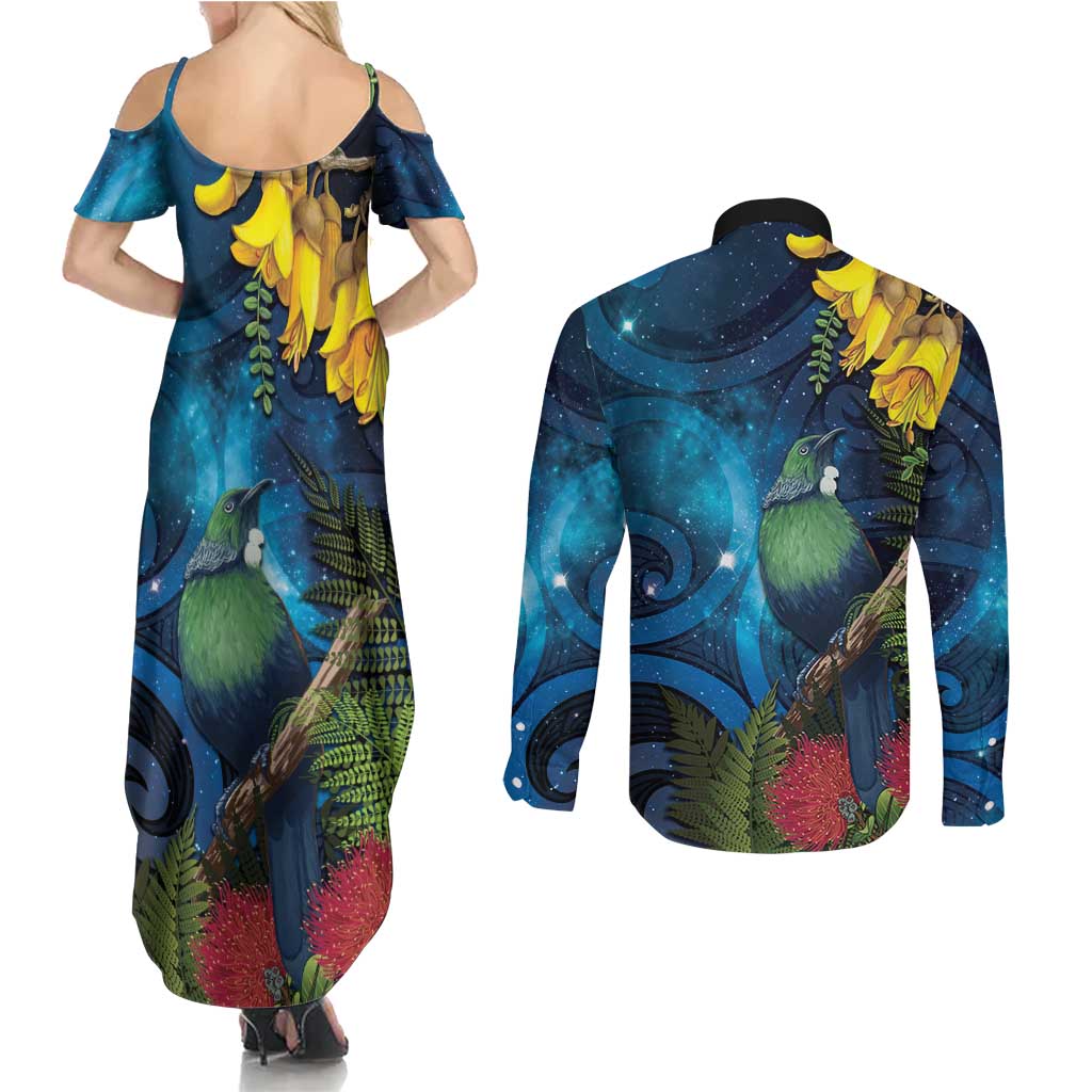 Tui Bird New Zealand Starry Sky Couples Matching Summer Maxi Dress and Long Sleeve Button Shirt Maori Koru LT7 - Polynesian Pride