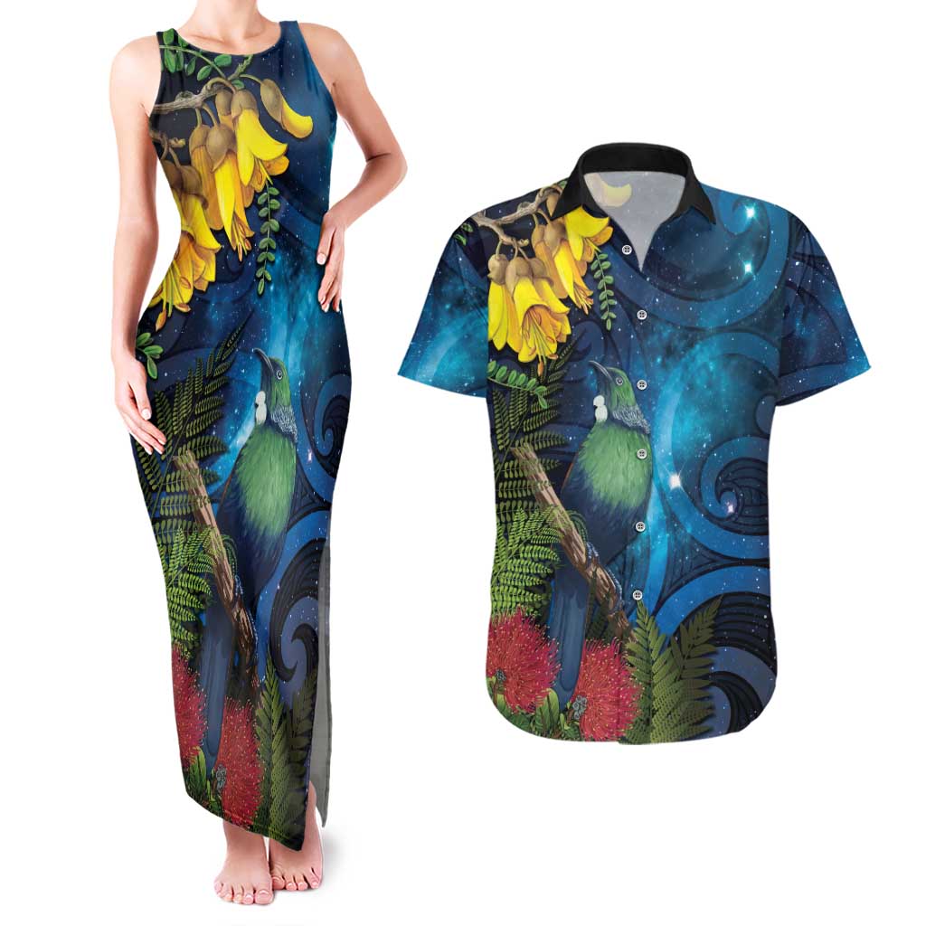 Tui Bird New Zealand Starry Sky Couples Matching Tank Maxi Dress and Hawaiian Shirt Maori Koru