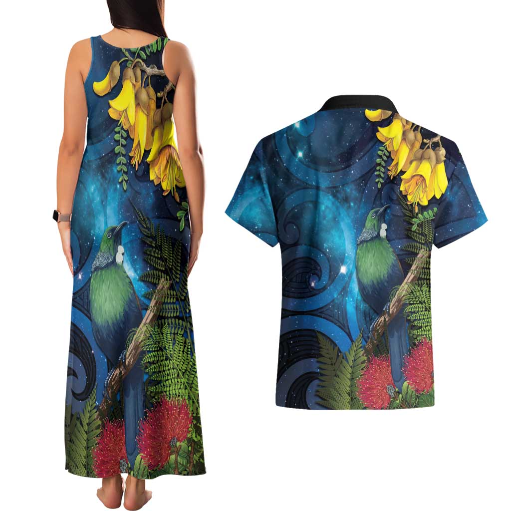 Tui Bird New Zealand Starry Sky Couples Matching Tank Maxi Dress and Hawaiian Shirt Maori Koru