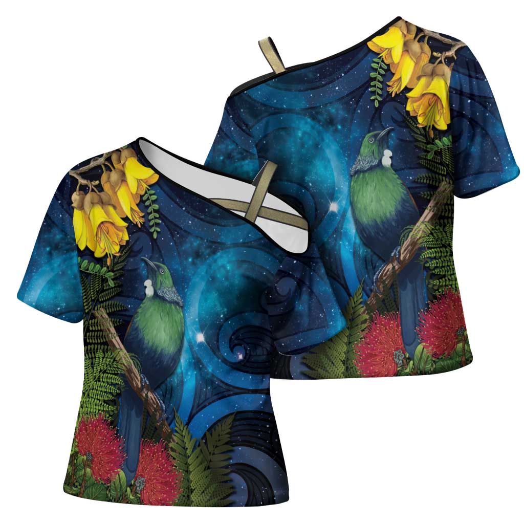 Tui Bird New Zealand Starry Sky Cross Shoulder Shirt Maori Koru