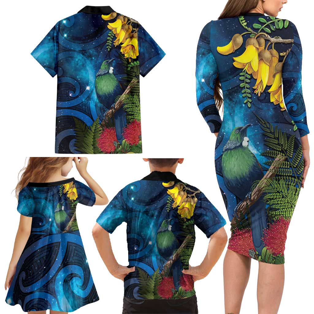 Tui Bird New Zealand Starry Sky Family Matching Long Sleeve Bodycon Dress and Hawaiian Shirt Maori Koru LT7 - Polynesian Pride