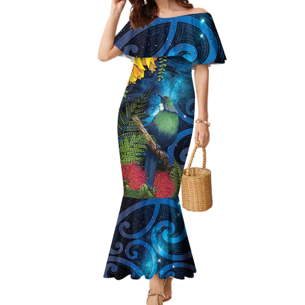 Tui Bird New Zealand Starry Sky Family Matching Mermaid Dress and Hawaiian Shirt Maori Koru LT7 Mom's Dress Galaxy - Polynesian Pride