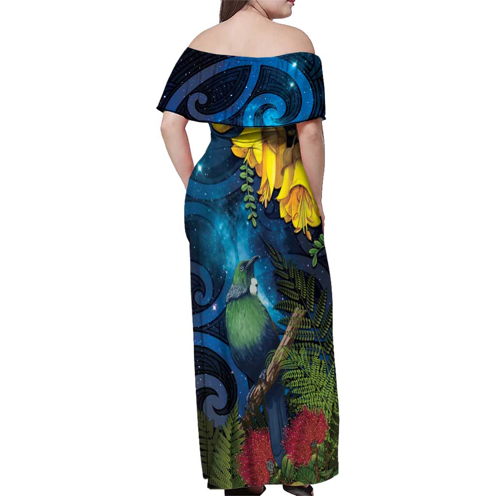 Tui Bird New Zealand Starry Sky Family Matching Off Shoulder Maxi Dress and Hawaiian Shirt Maori Koru LT7 - Polynesian Pride
