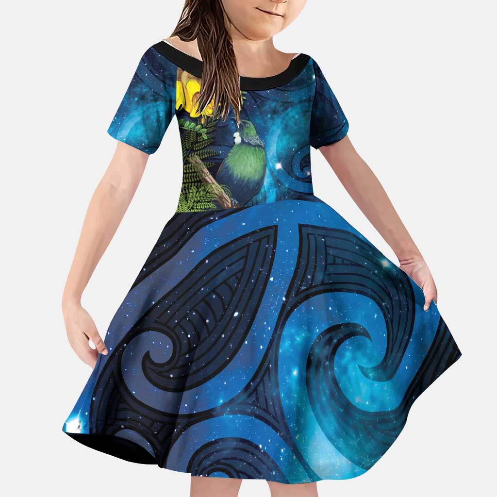 Tui Bird New Zealand Starry Sky Family Matching Off Shoulder Short Dress and Hawaiian Shirt Maori Koru LT7 Daughter's Dress Galaxy - Polynesian Pride