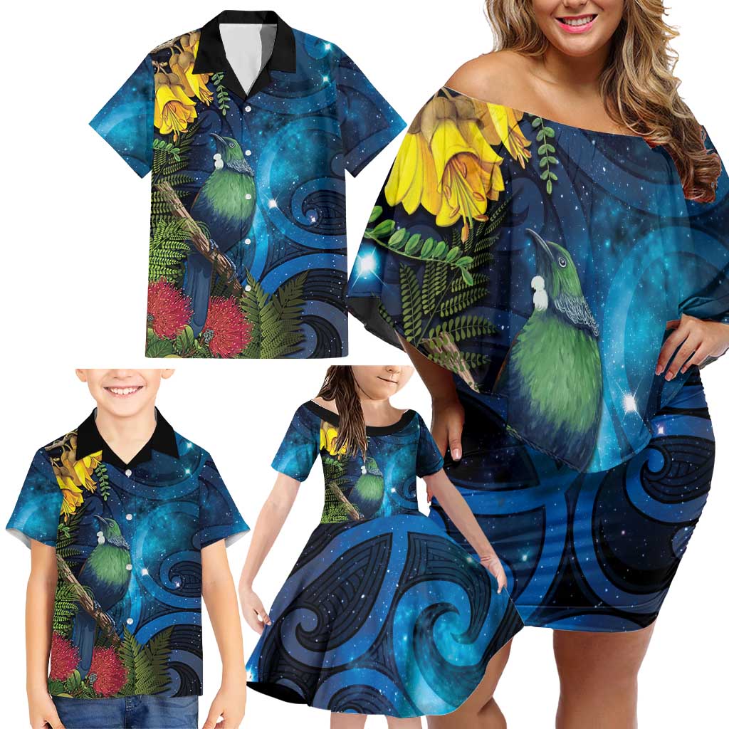 Tui Bird New Zealand Starry Sky Family Matching Off Shoulder Short Dress and Hawaiian Shirt Maori Koru LT7 - Polynesian Pride