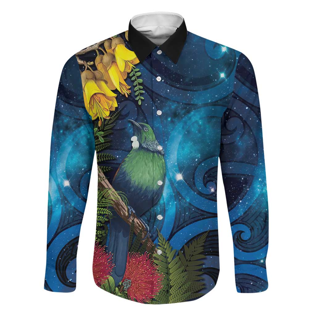 Tui Bird New Zealand Starry Sky Family Matching Puletasi and Hawaiian Shirt Maori Koru LT7 Dad's Shirt - Long Sleeve Galaxy - Polynesian Pride